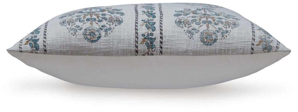 Patterned throw pillow, dark gray cover with blue floral medallions and center stripe