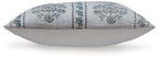 Patterned throw pillow, dark gray cover with blue floral medallions and center stripe