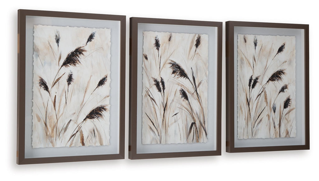 Set of 3 framed feather wall art prints with varied plume arrangements, beige and dark