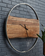 Brown wood-grain wall clock with oval silver bezel and black hands