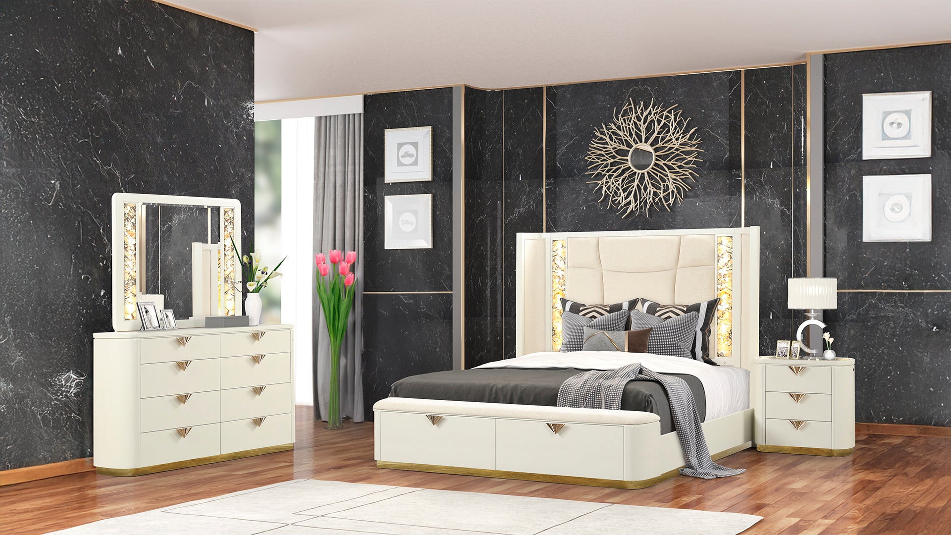 La Pierre King Upholstered Bedroom Set: Wood, Gold Accents, Beige
