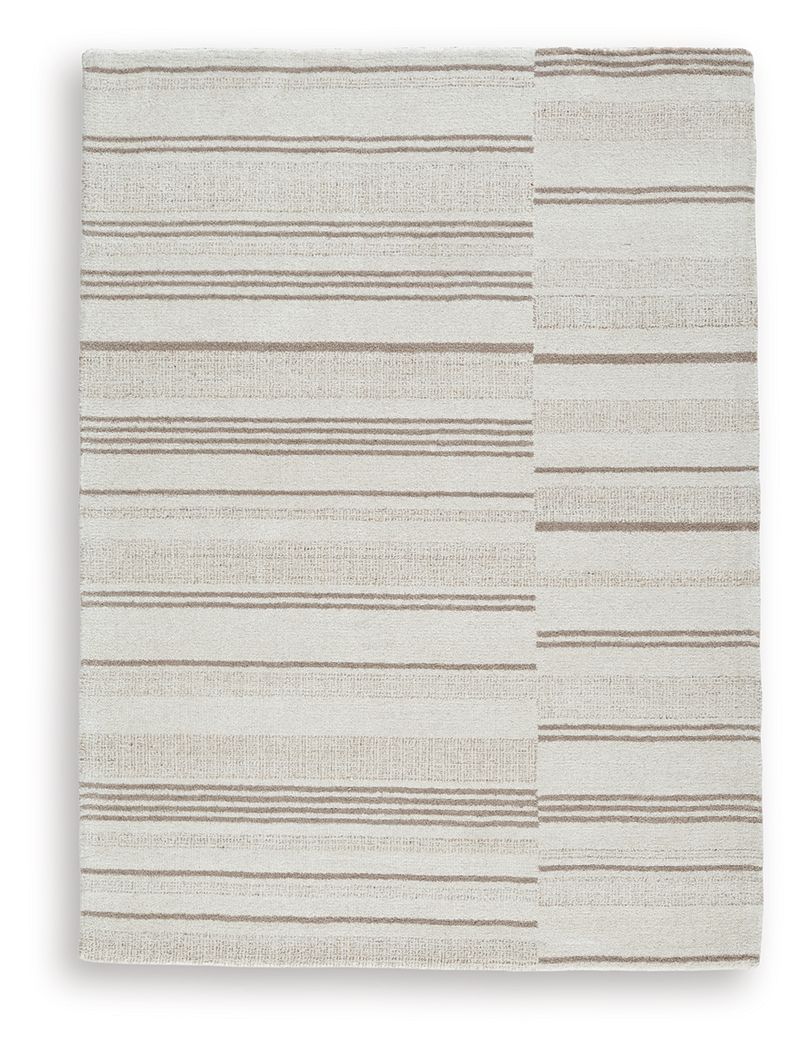 Beige and tan striped rug with blocky horizontal patterns on off-white base