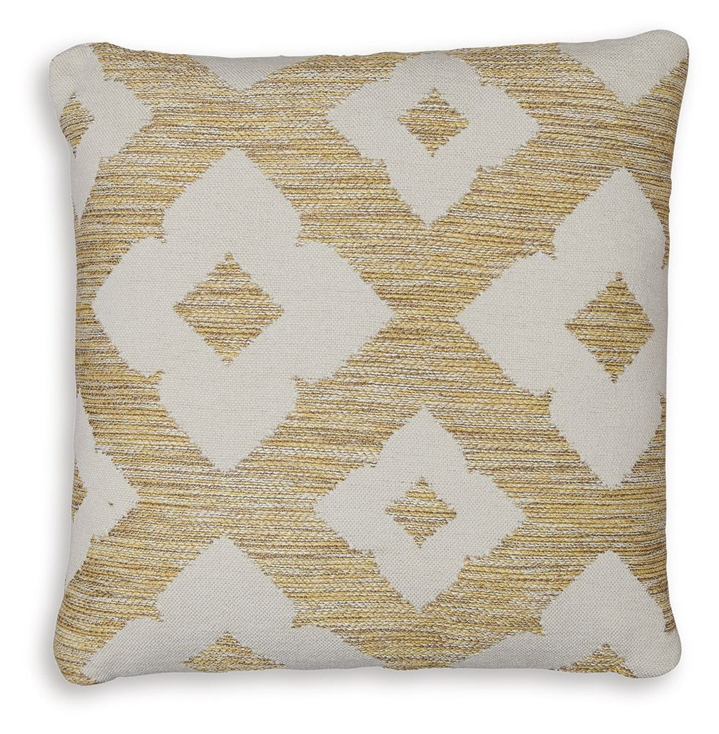 Decorative square pillow cover with repeating white and gold diamond shapes
