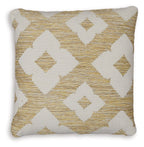 Decorative square pillow cover with repeating white and gold diamond shapes