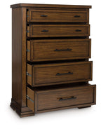 Medium brown five-drawer wooden chest with angled view and metal bar drawer pulls