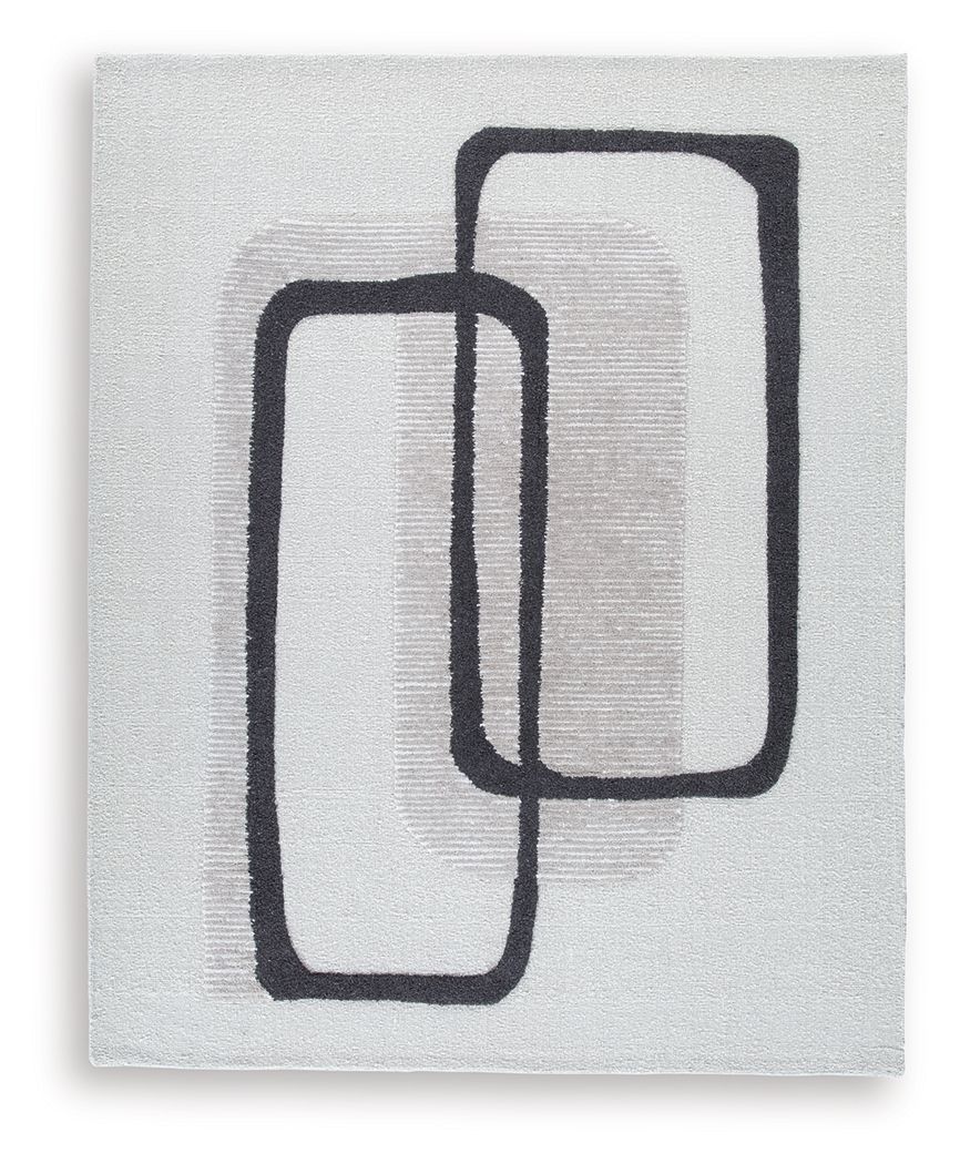Beige abstract rug with black outlined rectangles pattern