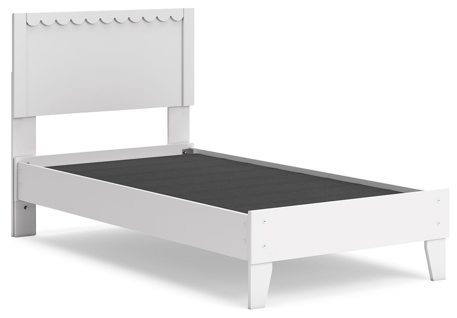 White panel platform bed with scalloped headboard, open platform base with dark panel