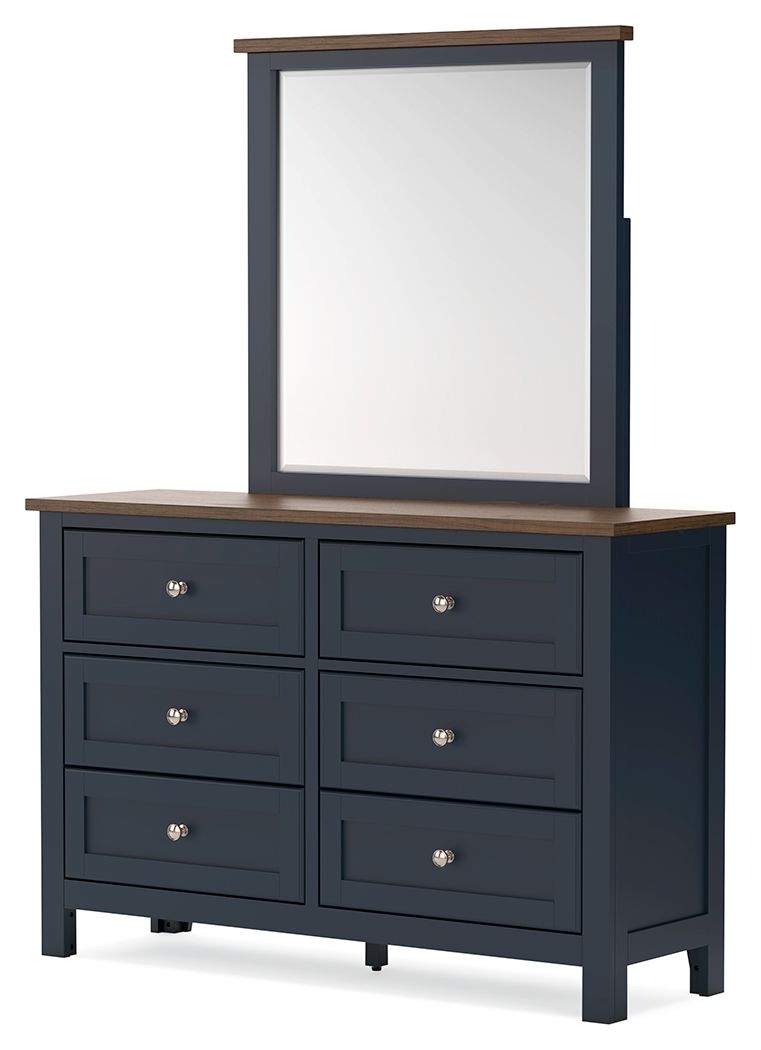 Dark blue dresser with mirror, brown top, six drawers, silver knobs