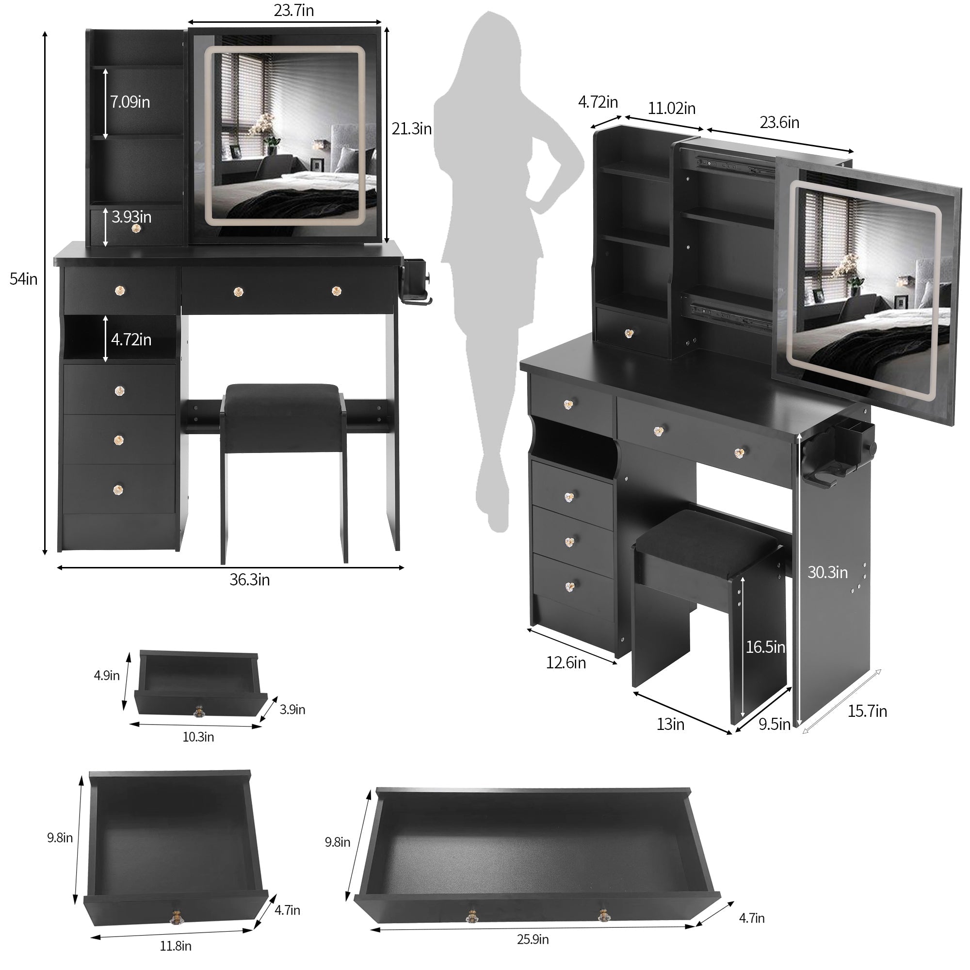 37" Vanity Table Set w/ LED Mirror & Stool-American Furniture Outlet