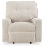Stone fabric rocker recliner with tufted back and padded arms, straight-on view