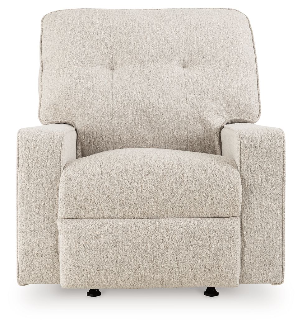 Stone fabric rocker recliner with tufted back and padded arms, straight-on view