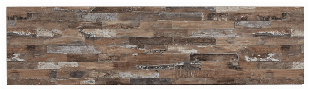 Wood-look panel with multi-tone stone print for backsplash or surround