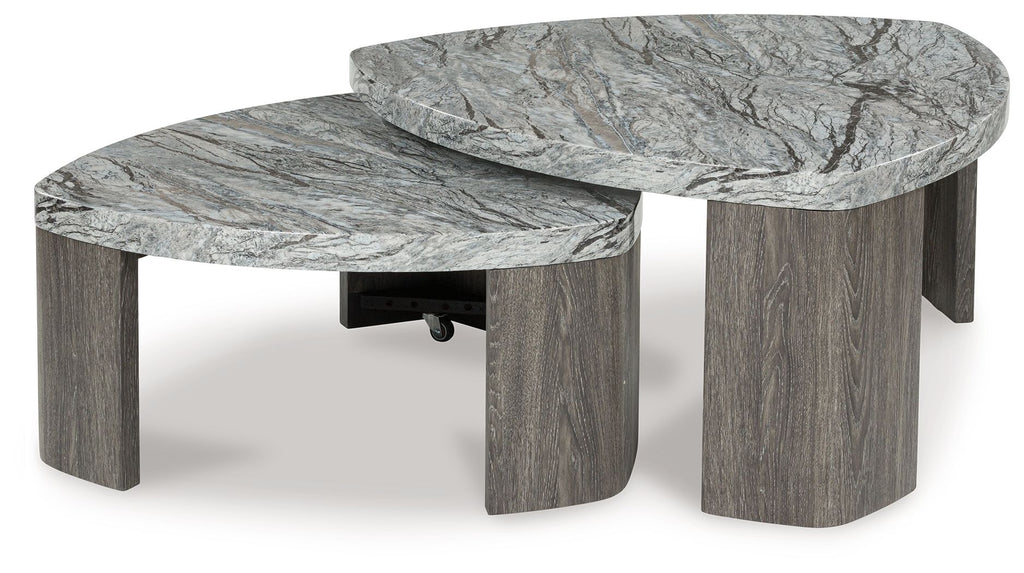 Stacked round cocktail table with gray stone-look tops and gray wood base, nesting pair