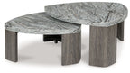 Stacked round cocktail table with gray stone-look tops and gray wood base, nesting pair
