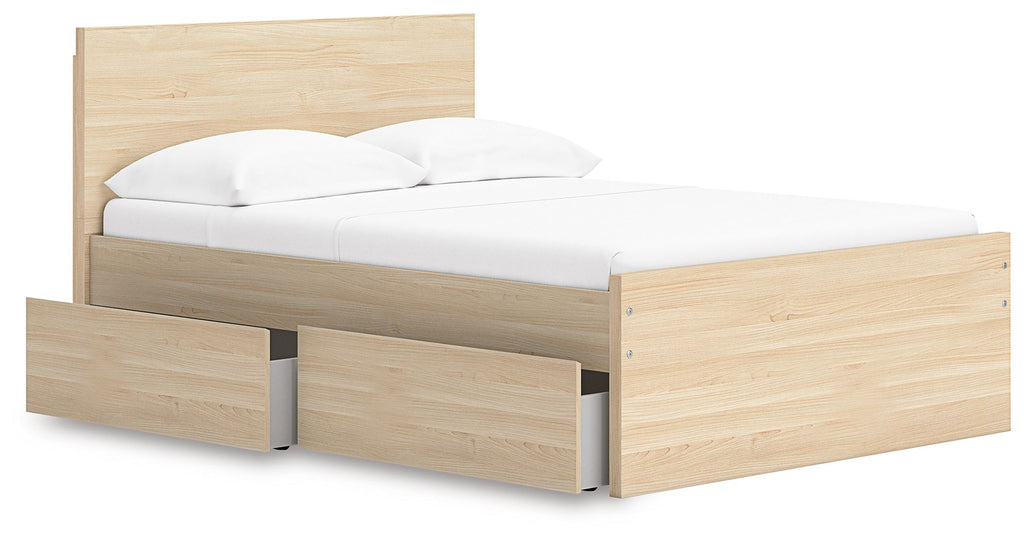 Light brown wood panel platform bed with open side storage drawers and white mattress