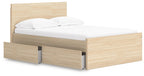 Light brown wood panel platform bed with open side storage drawers and white mattress