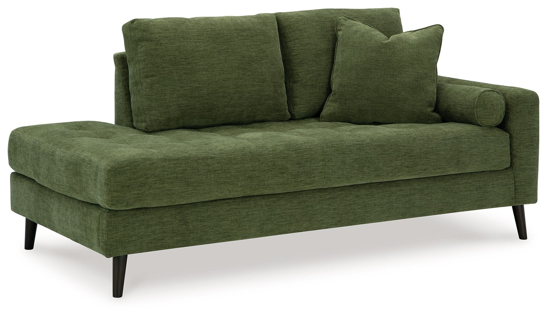 Green corner chaise sofa with three back cushions and tapered wooden legs