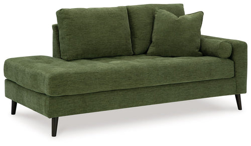 Green corner chaise sofa with three back cushions and tapered wooden legs