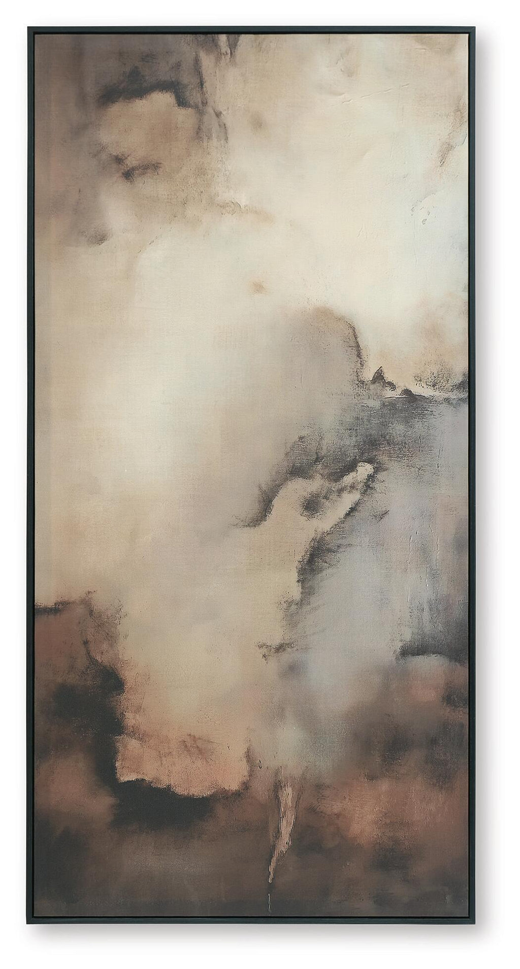 Framed abstract wall art, vertical layout, brown, black, and gray smoky tones