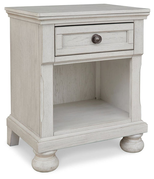 Antique white one-drawer night stand with open lower shelf and curved pedestal legs