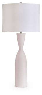 White poly table lamp with cylindrical fabric shade and curved column base
