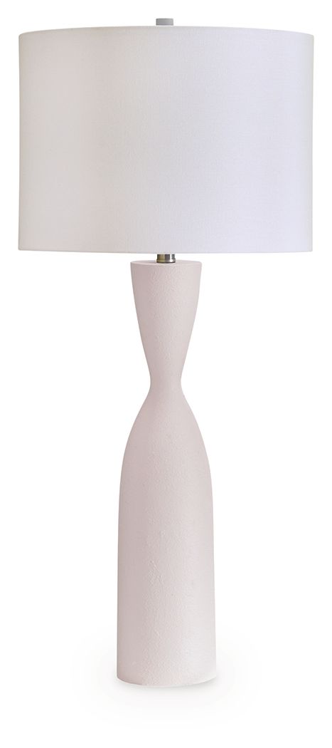 White poly table lamp with cylindrical fabric shade and curved column base