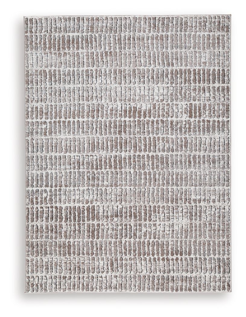 Gray area rug with dense geometric texture and horizontal lines