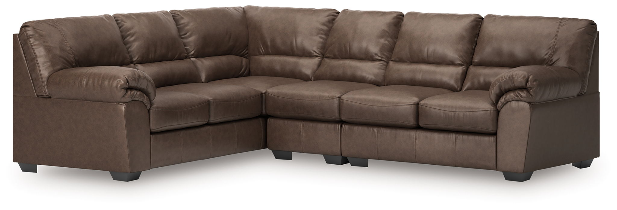 Sectional sofa with dark brown leather-look upholstery, padded arms, and boxed seat design