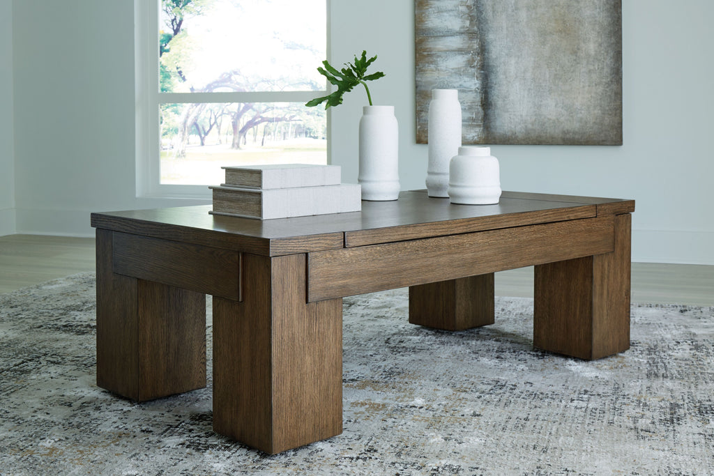 Warm brown lift-top cocktail table with raised panel top