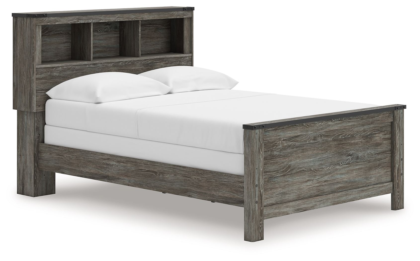 Gray bookcase panel bed with white mattress, open-shelf headboard, and squared posts.