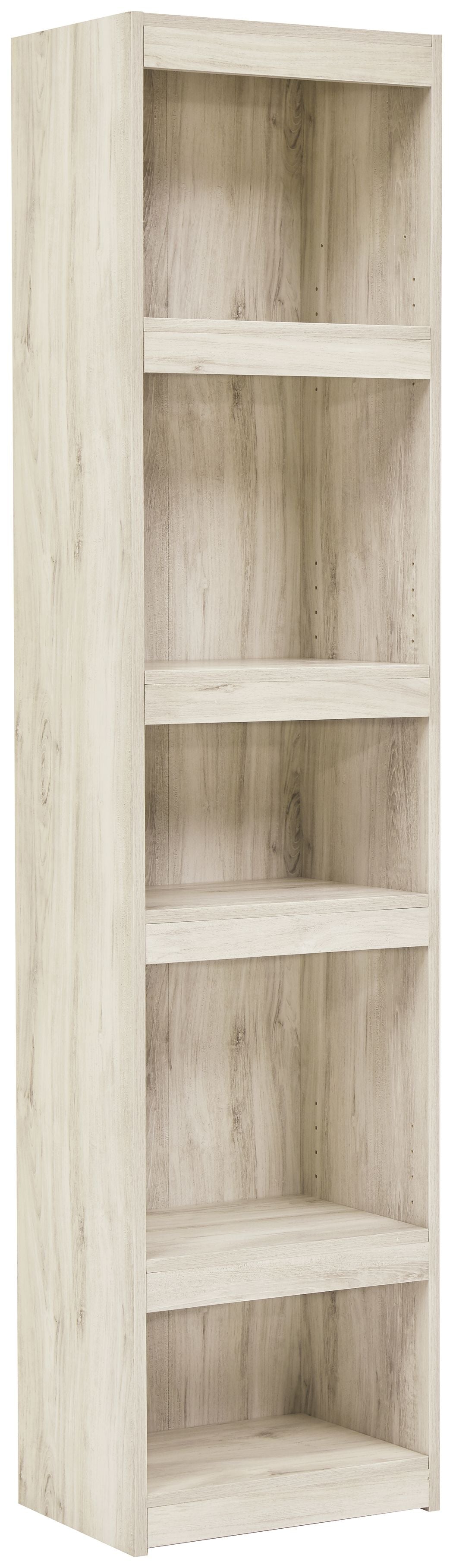Whitewash wood bookcase with four open shelves and vertical side panels