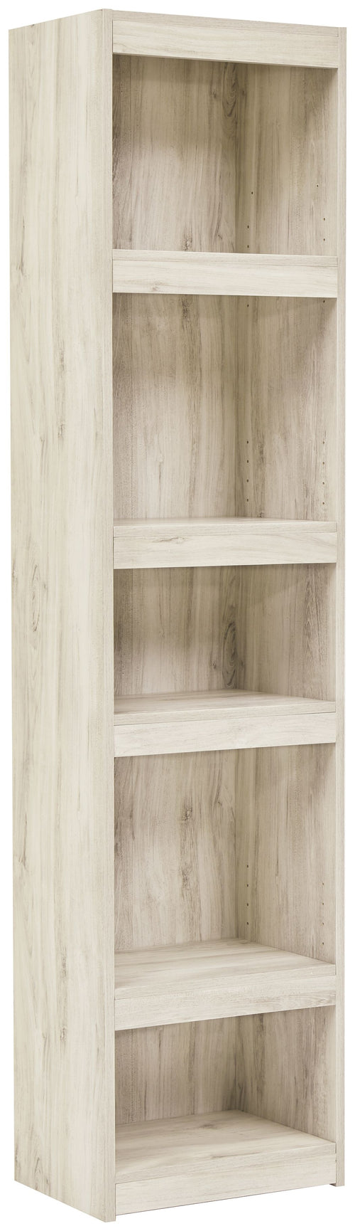 Whitewash wood bookcase with four open shelves and vertical side panels
