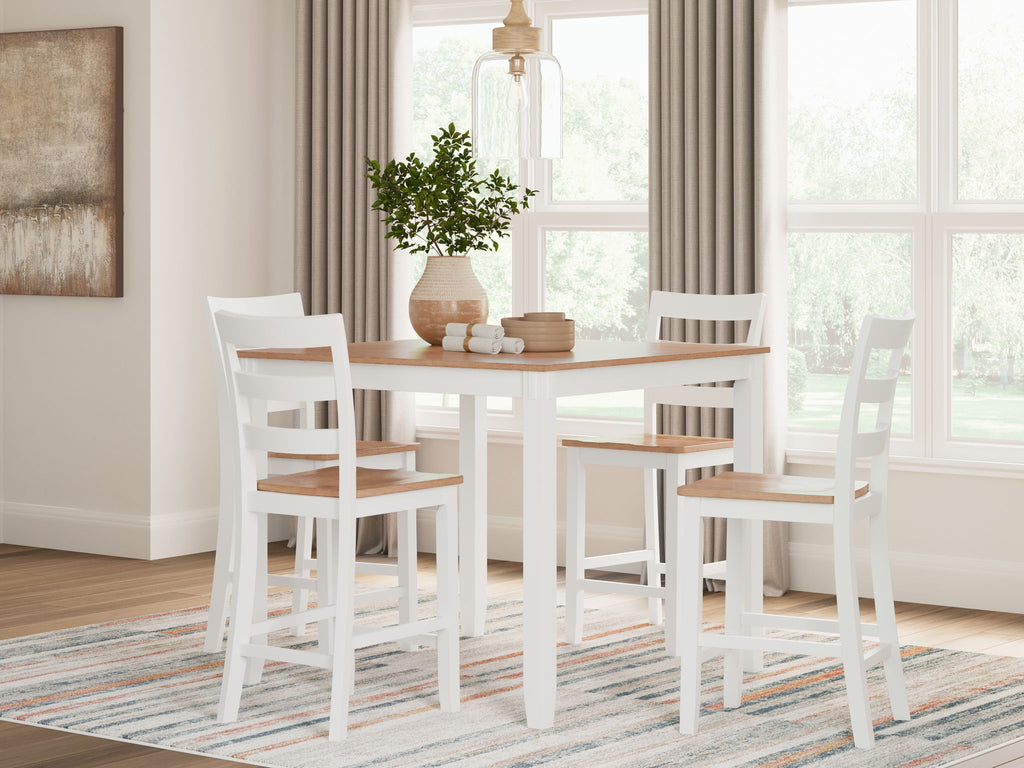 Dining room counter table set with white table and four white chairs, light wood tops