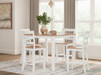 Dining room counter table set with white table and four white chairs, light wood tops