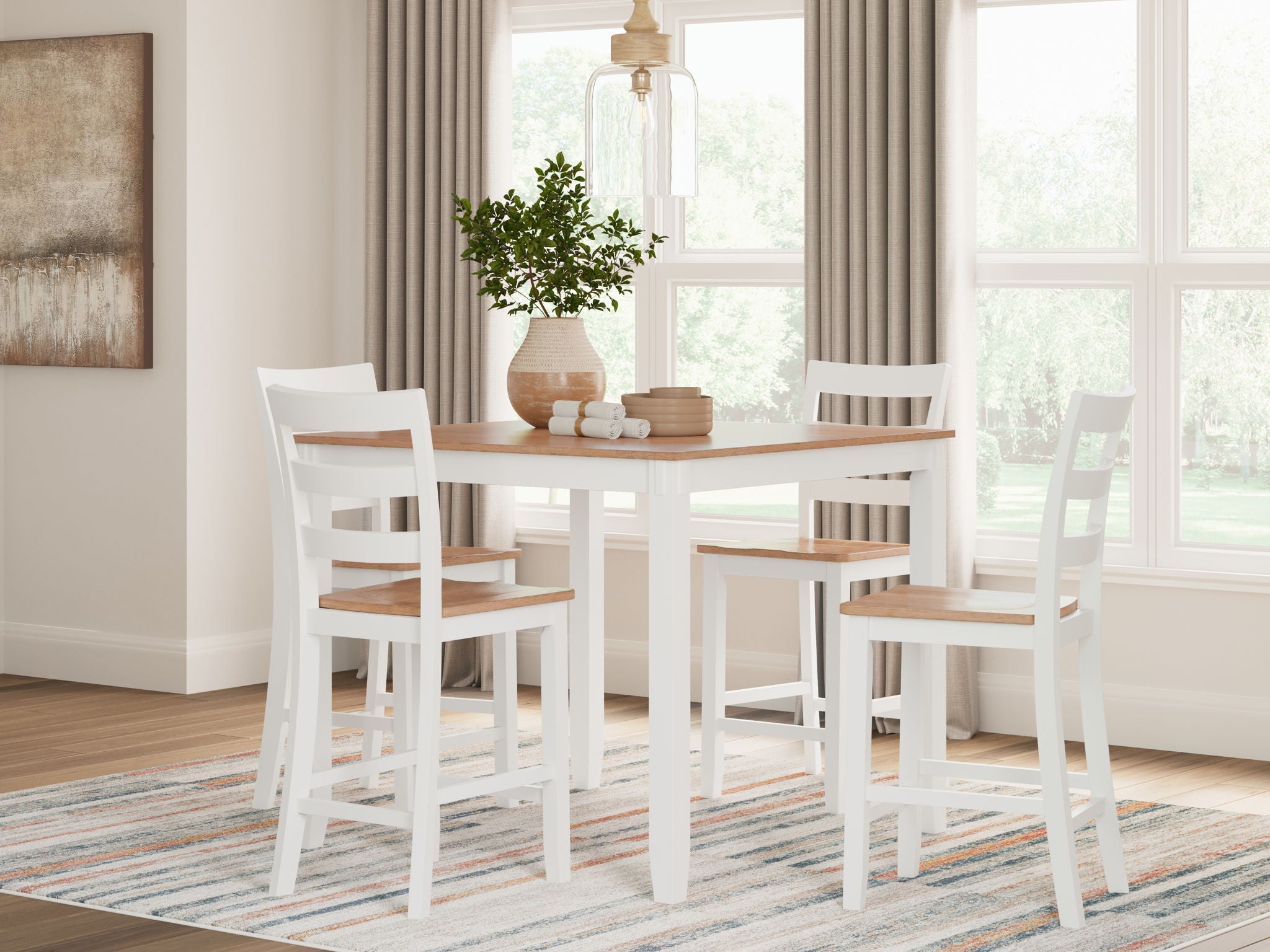 Dining room counter table set with white table and four white chairs, light wood tops