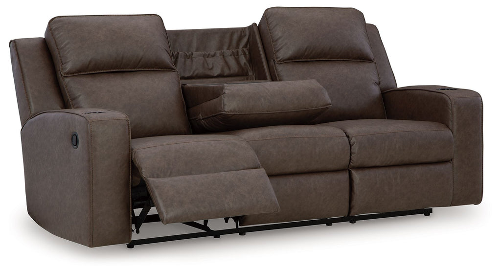 Reclining sofa with extended armrests and center drop table, dark upholstery, reclined