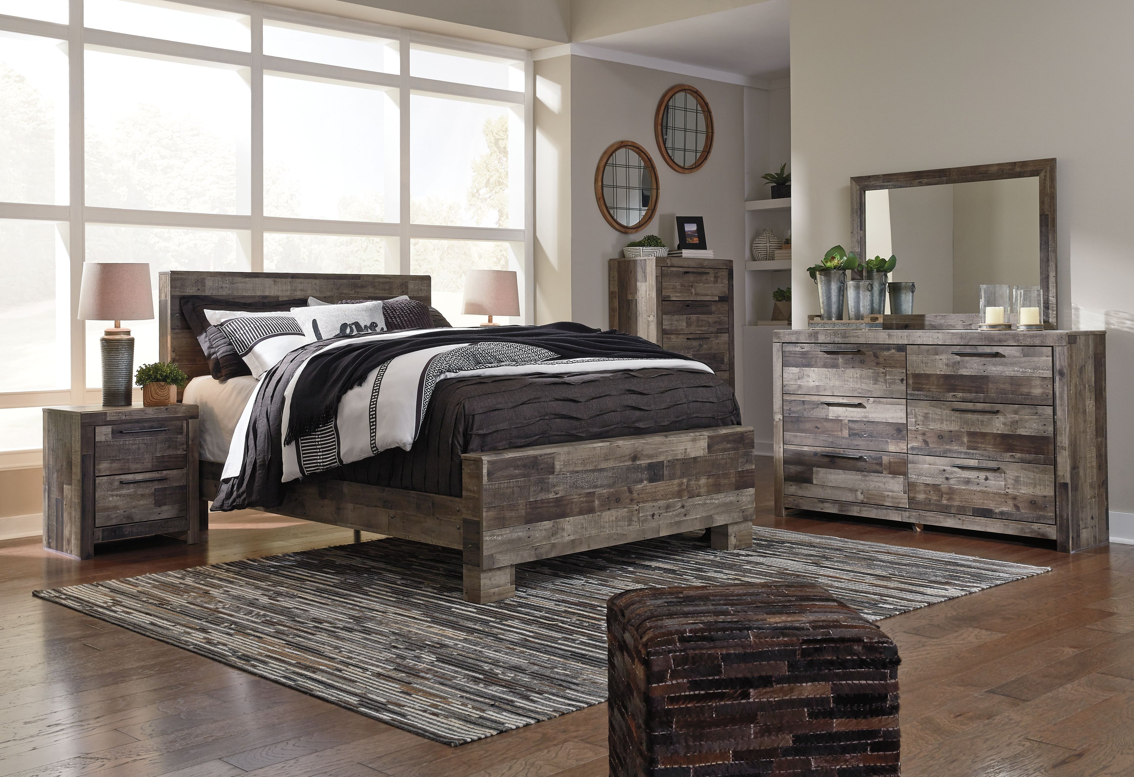 Multi gray five-drawer chest with metal bar pulls