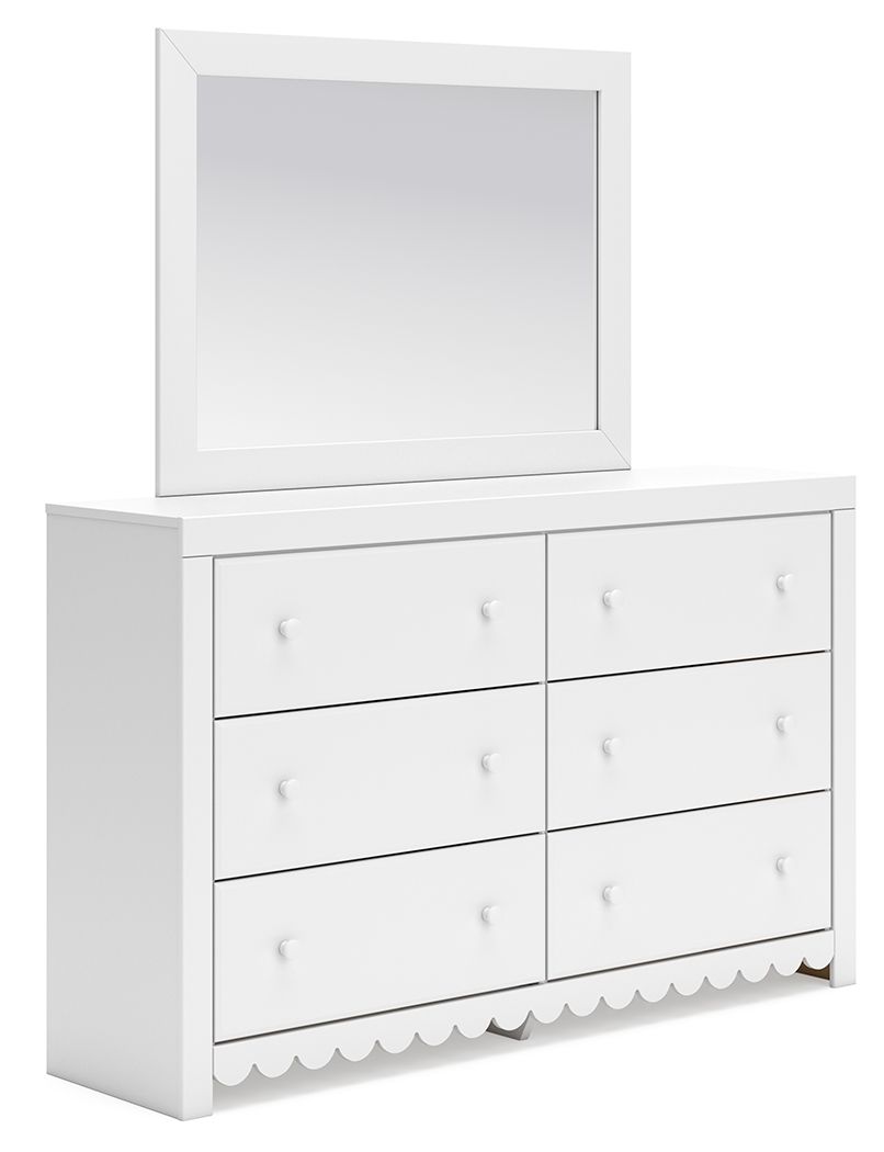 White dresser with mirror, 6 drawers with round knobs, scalloped apron