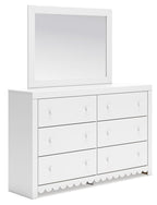 White dresser with mirror, 6 drawers with round knobs, scalloped apron