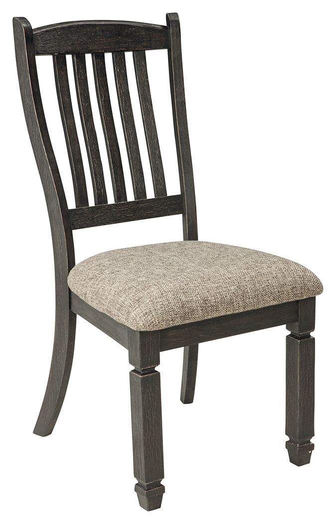 Slatback dining side chair with upholstered beige seat, dark wood frame, angled front view