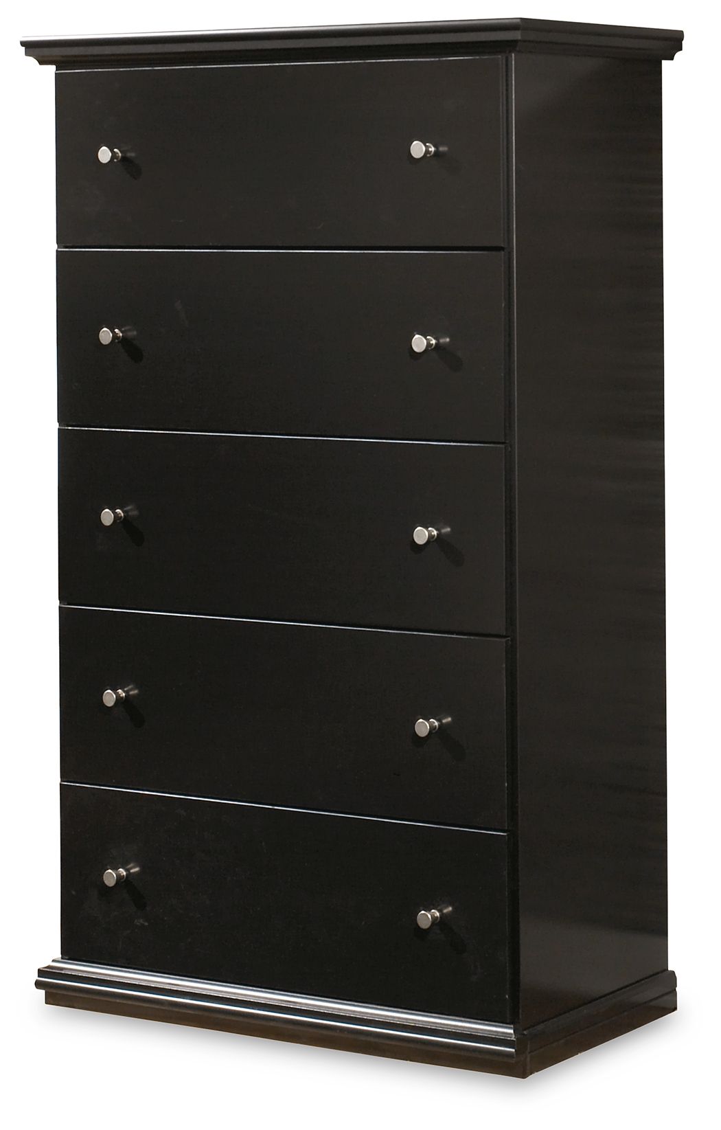 Black five-drawer chest with four drawers visible and chrome-style bar pulls