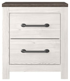 White two-drawer night stand with two drawers and dark bar handles