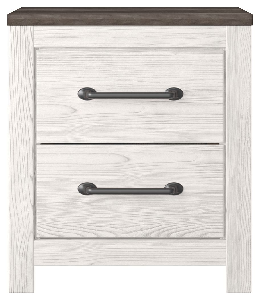 White two-drawer night stand with two drawers and dark bar handles