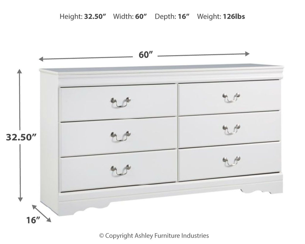 White dresser with six drawers, shown with size diagram