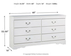 White dresser with six drawers, shown with size diagram