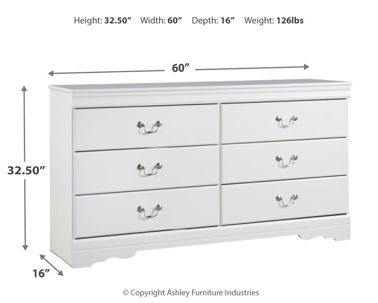 White dresser with six drawers, shown with size diagram