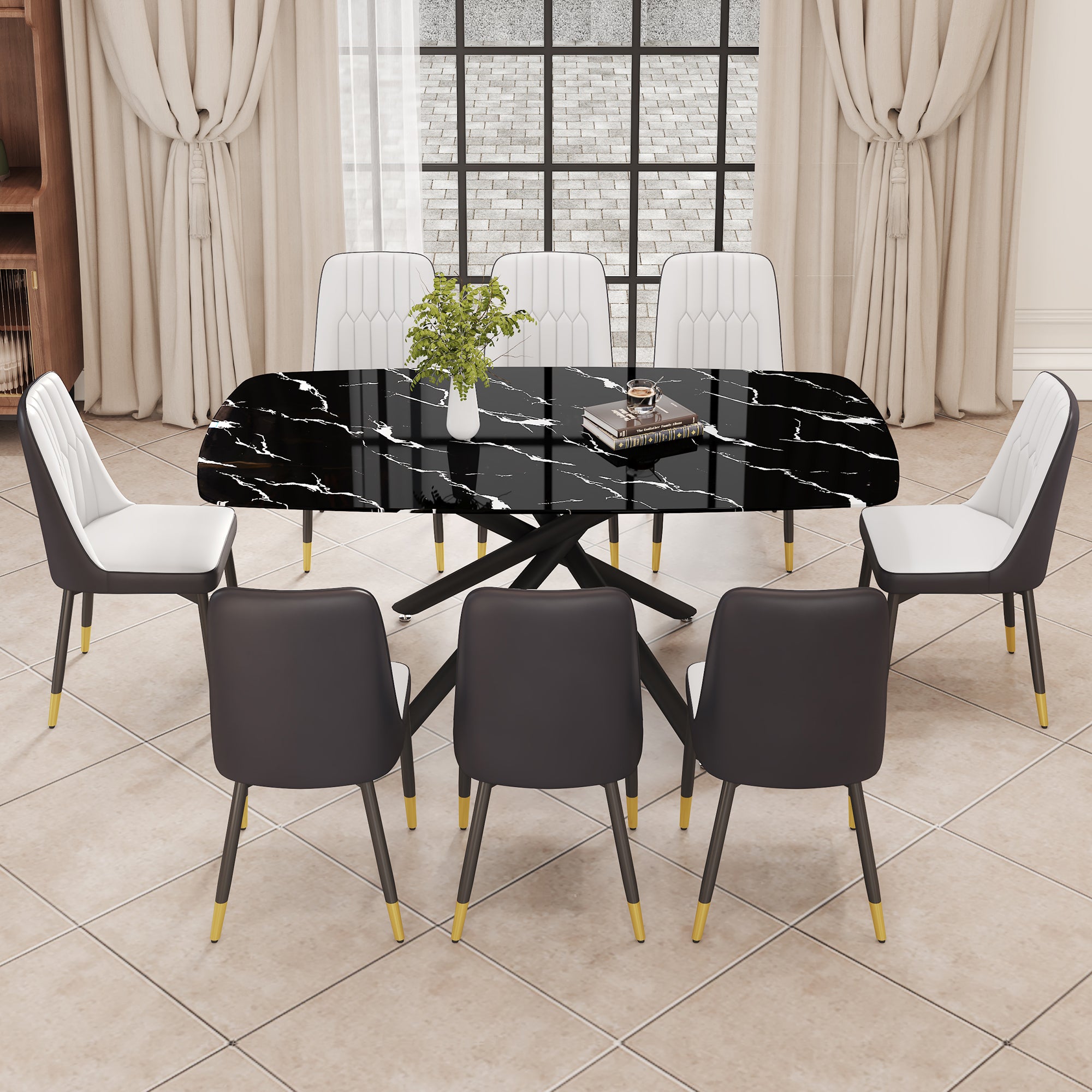 9-Piece Dining Set with Marble-Like Table & 8 Chairs