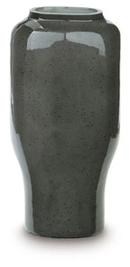 Speckled dark ceramic vase with wide shoulder and smooth rim