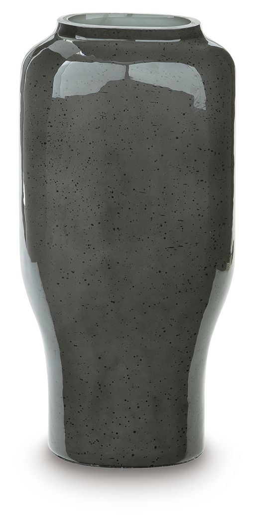 Speckled dark ceramic vase with wide shoulder and smooth rim