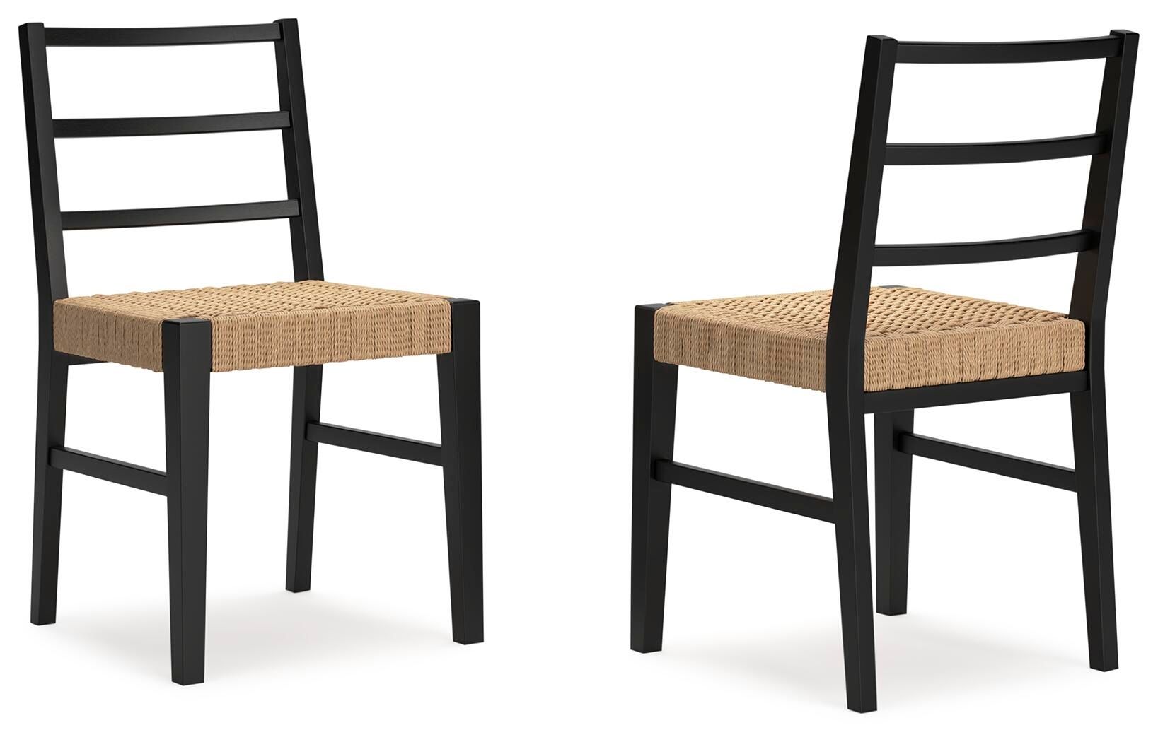 Light brown upholstered dining side chair set with black ladder-back and straight legs (2)